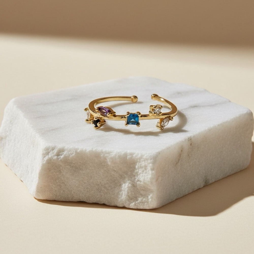 Multi-Color CZ 18K Gold-Plated Adjustable Band Ring Korean Fashion Minamalist